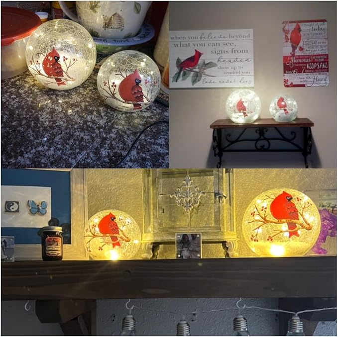 Crackle Glass Cardinal Lamp Battery Operated Globe Lamp for Women Stylish Cardinal Decor Ornaments Red Bird Pattern Stained Glass Mother's Day Gifts 2 Pack (6in & 5 in) (No Timer)