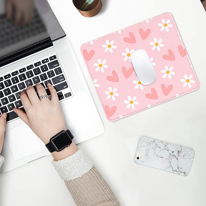 Seorsok Square Mouse Pad Cute Pink Heart and Flower,Office Home Personalized Premium-Textured Mouse Mat Design,Waterproof Mousepad,Non-Slip Rubber Base Computer Mouse Pads for Wireless Mouse