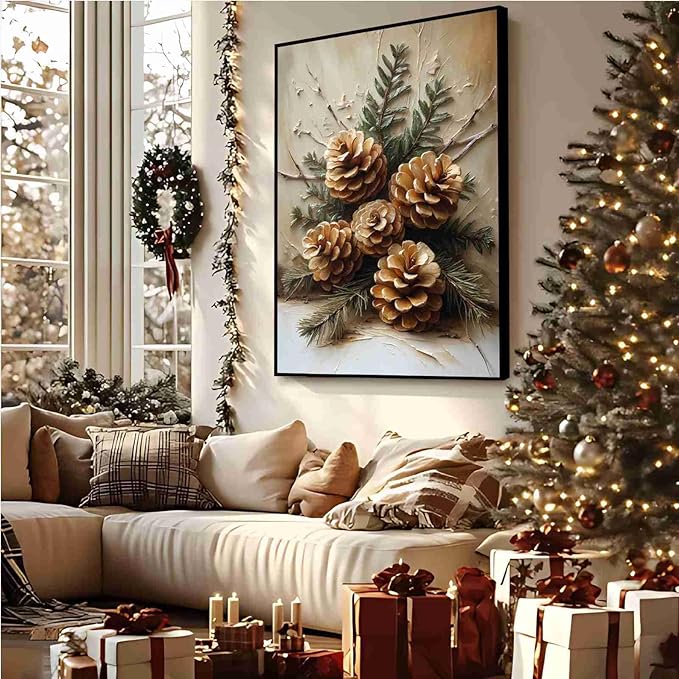 Vintage Christmas Canvas Painting Rustic Nature Print Forest Canvas Wall Art Botanical Wall Decor Brown Green Painting Poster Indoor Decor for Home Offices Living Room Bedroom Framed Ready to Hang