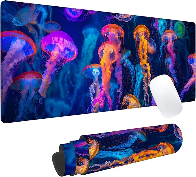 Vibrant Jellyfish Gaming Mouse Pad, Office Desk Mat, Anti-Slip Rubber Base Cool Aesthetic Mouse Pads for Computer Laptop Keyboard School Home Desktop Gamer Home Accessories Decor 31.5" x 11.8"