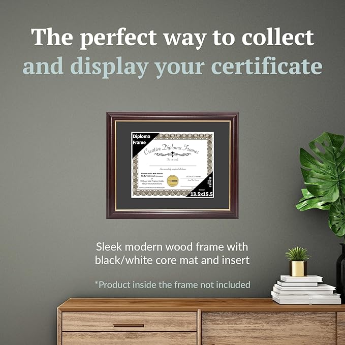 Creative Picture Frames 13.5x15.5 Mahogany Gold Rim Diploma Frame with Black Mat Glass and Installed Wall Hangers | Frame Holds 16x20 Media without Mat