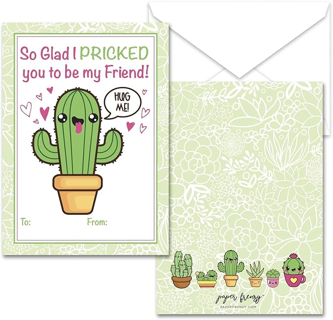 Paper Frenzy Succulent Themed Valentines - 25 pack WITH ENVELOPES
