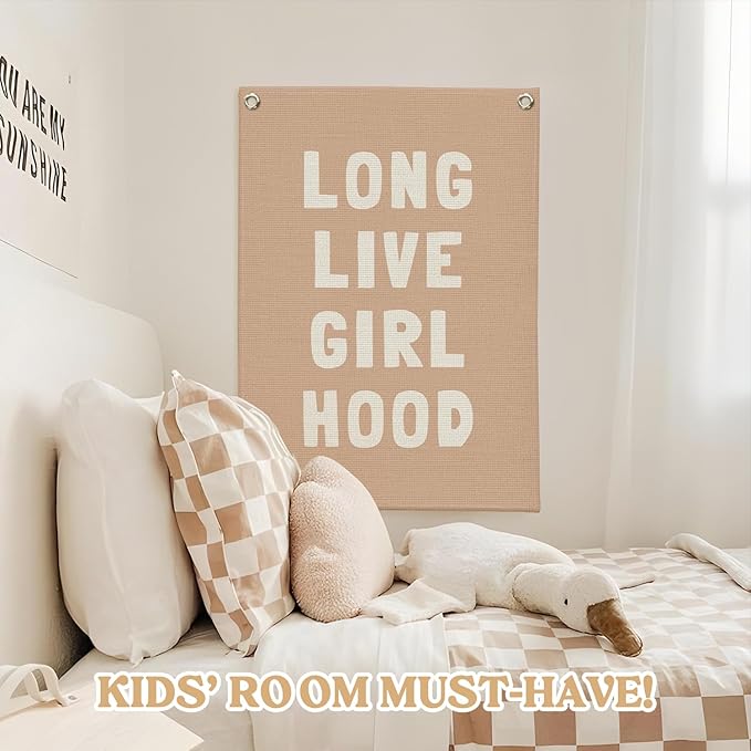 Long Live Girlhood Linen Canvas Banner, Girls Room Decor, Girls Nursery Decor, Nursery Playroom Wall Hanging Flag for Kids Bedroom Toddler Decorations Girl Room 18x25 Inch