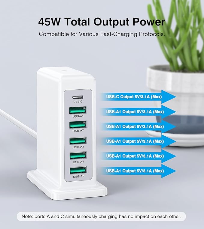 USB Charger Block, 45W 6-Port Charging Station for Multiple Devices, USB A and Type-C Charger Tower Fast Charging Dock Hub Power Strip for iPhone iPad Tablets Android Smartphones, Home Office Use