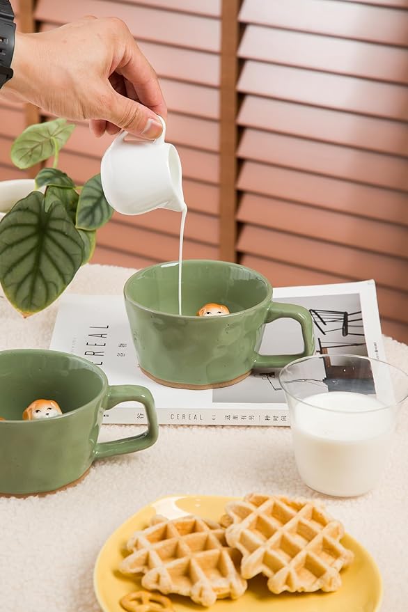 DIHOclub Farmhouse Ceramic Coffee Mug with Animal Figurine – Rustic Stoneware Cup, Matte Finish, Ideal for Breakfast & Home Decor (Green Dog)