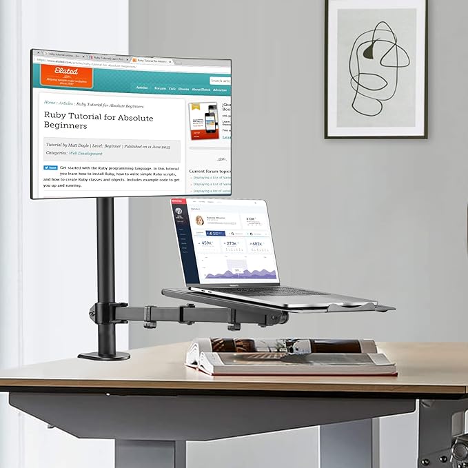 Suptek Monitor and Laptop Mount Holds 13-32 inch Computer Screen,Adjustable Monitor Arm Stand with Laptop Tray for 13-27 inch,Hold 22 lbs, with Clamp and Grommet Mounting Base