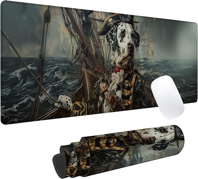 Pirate Dalmatian Gaming Mouse Pad, Office Desk Mat, Anti-Slip Rubber Base Cool Aesthetic Mouse Pads for Computer Laptop Keyboard School Home Desktop Gamer Home Accessories Decor 31.5" x 11.8"
