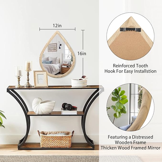 Teardrop Wall Mirror Small Natural Wood Framed Wall Hanging Mirror Irregular Mirrors for Wall Decorative Farmhouse Bedroom Bathroom Entryway Mirrors