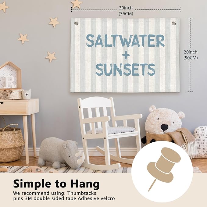 Coastal Beach Saltwater Sunsets Grey Striped Kids Room Decor - Linen Banner Wall Hanging Canvas Banner Flag Decor for Kids Toddler Bedroom Nursery Playroom