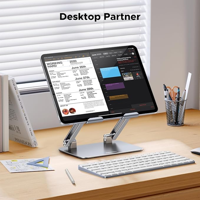 UGREEN Tablet Stand Holder for Desk Dual Rod Support Aluminum Tablet Holder Adjustable Multi-Angle Home Office Accessories Compatible with iPad Pro 13 12 11 10.5 Air Mini 5 4 3 2 Phone E-Reader Silver