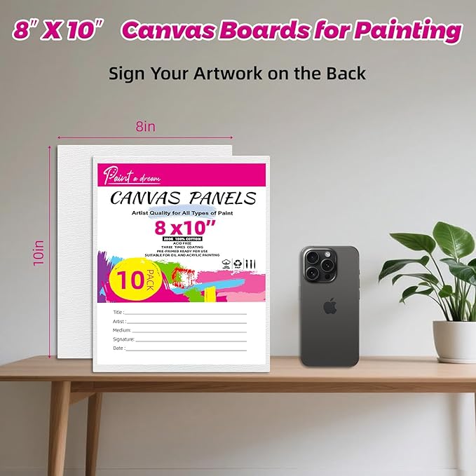 Canvas Boards for Painting - 8x10 10-Pack Bulk Canvas Panels Value Pack - 10 oz Primed Acid-Free 100% Cotton Canvas for Painting, Ready to Paint & Lightweight, Ideal for Acrylic, Oil Paint