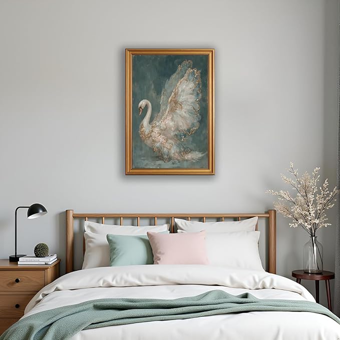 okudolit Gold Framed Vintage Swan Canvas Wall Art Print Luxury Animal Oil Painting Graceful Bird Artwork Picture Baroque Wall Decor for Living Room Bedroom and Office 16"x24"