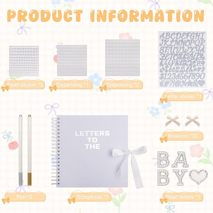 BINBE 10 x 10 Inch Letters to The Baby Scrapbook DIY Blank Paper Album Memory Book for Kids Sign with Pearl Scrapbook Photo Stickers, Metallic Letters, Bows (White)