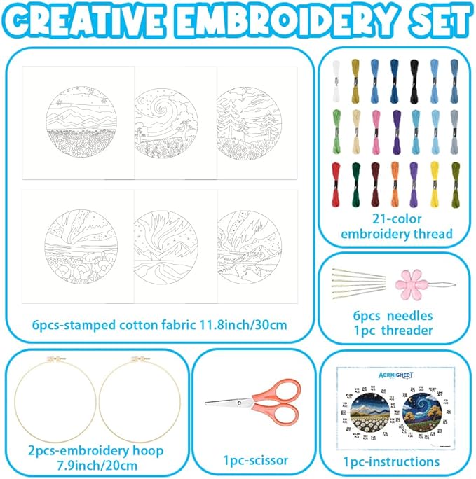 ACRNIGHEET 6Pcs Embroidery Kit for Beginners Adults, Complete Cross Stitch Kits, Landscape Embroidery Kit for Home Decor and DIY Craft Projects, Great Gift for Embroidery Lovers