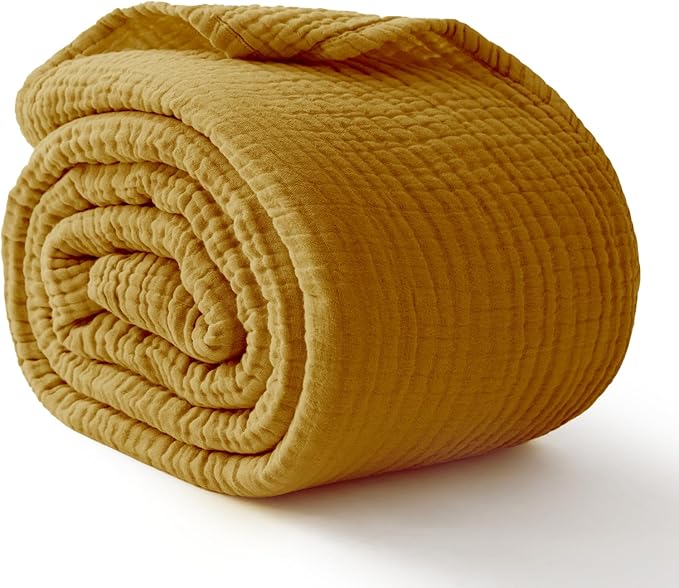 100% Cotton Muslin Blanket Large 50"x 70", 6 Layers Breathable and Lightweight Cotton Throw Blankets for Couch, Soft Cooling Summer Gauze Blanket for Adults All Season, Mustard