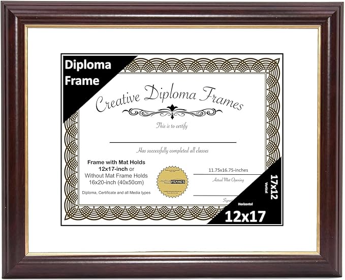 Creative Picture Frames 12x17 Mahogany Gold Rim Diploma Frame with White Mat Glass and Installed Wall Hangers | Frame Holds 16x20 Media without Mat