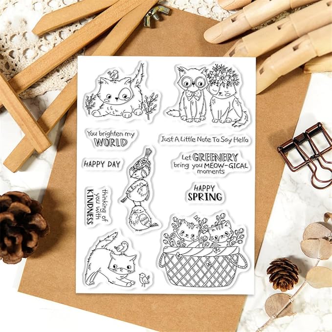 Cat Bird Basket Stamps and Cutting Dies for Card Making DIY Transparent Silicone Clear Stamp and Metal Die Cuts Sets for Scrapbooking Paper Greeting Cards Decor Seals Craft Supplies