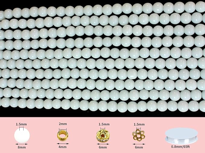 Pamir Tong 650PCS 8mm Snow White Glass Beads for Jewelry Making,Round Smooth Beads, Bracelet Space Loose Beads for Earring, Necklaces-Adult Craft Supplies