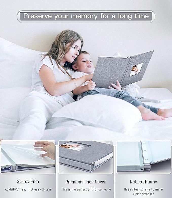 Popotop Photo Album Self Adhesive with Picture Display Window,40 Pages DIY Baby Memory Book for 4x6 8x10 Picture,Linen Cover Scrapbooking Supplies Kit for Wedding,with Scraper and Metallic Pen