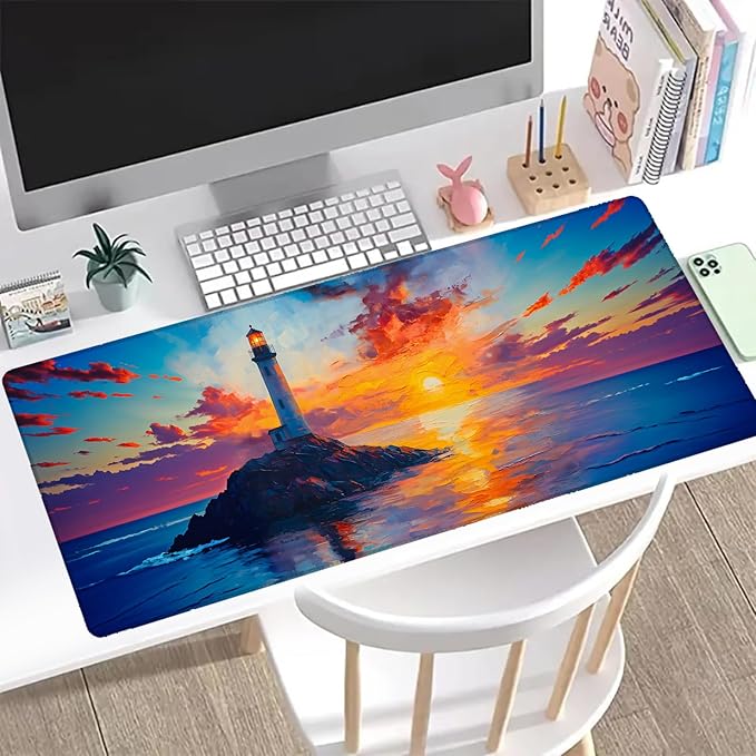 Lighthouse Gaming Mouse Pad, Office Desk Mat, Anti-Slip Rubber Base Cool Aesthetic Mouse Pads for Computer Laptop Keyboard School Home Desktop Gamer Home Accessories Decor 31.5" x 11.8"