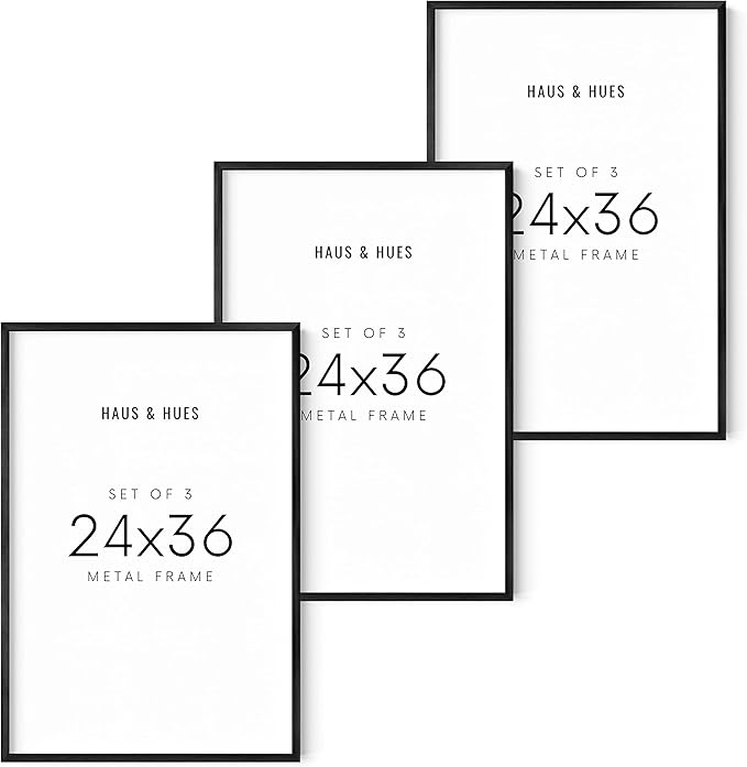 HAUS AND HUES 24x36 Black Metal Picture Frames - Features Premium Aluminum & Hanging Hardware, Shatterproof Plexiglass - Ideal for Home, Room, Office (24x36 in, Black, Set of 3)