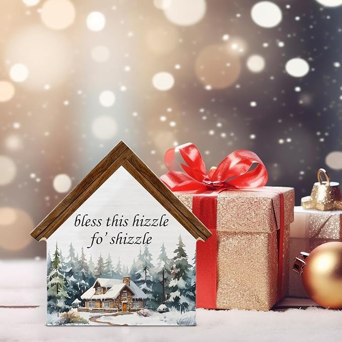 Rustic Christmas Decor, Bless This Hizzle Fo' Shizzle House Shaped Wooden Sign, Funny Christmas Decorations for Home