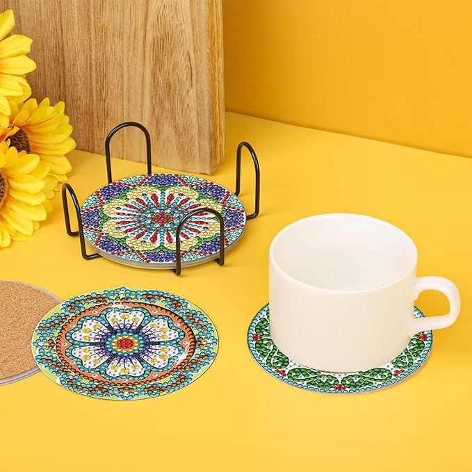 AzsVbvs 8 Pieces Diamond Painting Coasters Kit with Holder, Diamond Art Coasters, DIY Art Crafts Projects, Diamond Dot Kits for Adults and Beginners (Mandala)