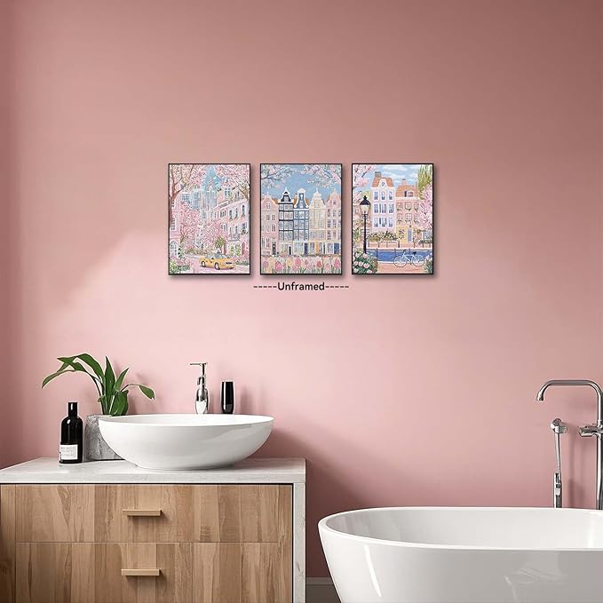 XLARTMY Watercolor City Landscape Travel Wall Art Canvas Framed Pink Cherry Flower Poster Girly Prints Painting Pictures Set of 3 for Bedroom Living Room Office 16x12in Unframed