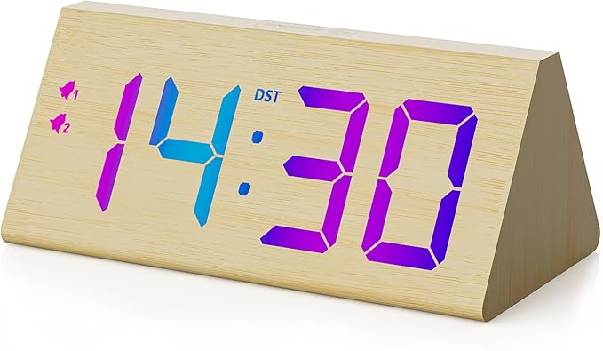 Wooden Digital Alarm Clock with Dual USB Charging Ports, DST, Dimmable, Snooze, RGB Colors, Modern Large Time Display LED Clock for Kids Bedrooms, Living Room, Desk,Table, Bedside,Nightstand (Bamboo)