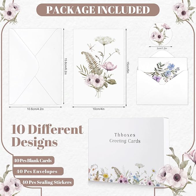 Blank Cards and Envelopes, 40 Pack Blank Note Cards 4x6 in Elegant Floral Greeting Card with Sealing Stickers, Note Card and Envelopes Stationary Set for All Occasions (10 Floral Designs)