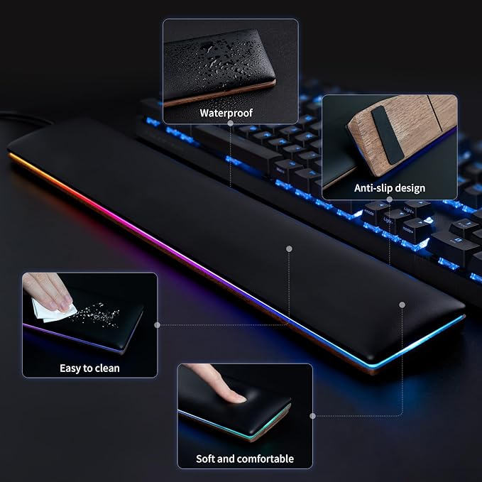 COLORCORAL Wrist Rest for Computer Keyboard Ergonomic RGB Walnut Wooden Wrist Pad with Memory Foam Gaming Wrist Support for Typing Pain Relief Comfort for Office, Gaming, Computer