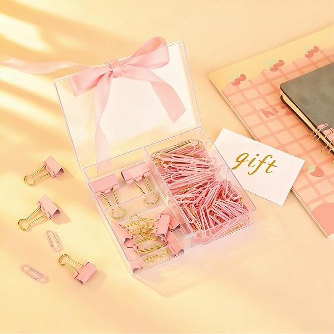180 Pcs Pastel Pink & Gold Paper Clips and Binder Clips Set Assorted Size Office Desk Supplies for Paper Organization, School Planners, Home Document Fasteners (Metal Clips Kit)