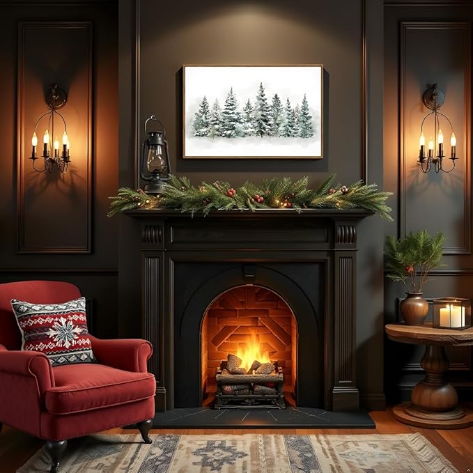 VIYYIEA Framed Canvas Wall Art, Large Vintage Christmas Picture Decor Indoor, 16x24in, Rustic Winter Pine Forest Painting Artwork For Living Dining Room Hallway Fireplace, Holiday Decorations