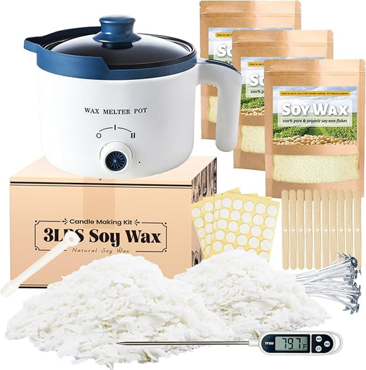 Soy Wax for Candle Making Kit - DIY Soy Candle Making Supplies with 3lbs Natural Soy Wax Flakes, Electric Wax Melter, Thermometer, Wicks, Perfect for Making Your Own Candles