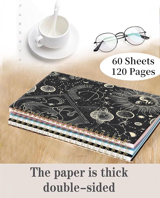 Spiral Journal Notebook,A5 Hardcover Lined Journals for Women 6 x 8.3 in,60 Sheets 120 Pages Thick Paper,Cute College Ruled Writing Notebook for Office Work School(Black Universe Moon)