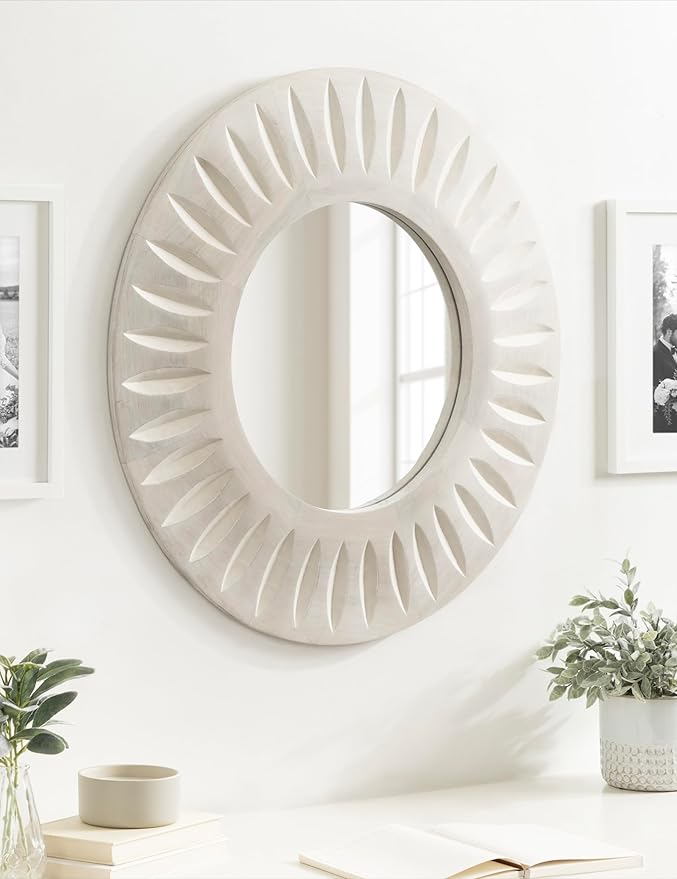 Kate and Laurel Usra Round Carved Wood Mirror, 26 Inch Diameter, Whitewash, Light Wooden Circle Mirror with Carved Indentation and Sunburst Wall Mirror Look