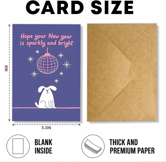 (5.3x8in) Hope Your New Year Is Sparkly and Bright Card with Envelope, Cute Dog and Disco Ball Design, Fun New Year Greeting for Friends, Family, Coworkers, and Pet Lovers (Xmas 30)