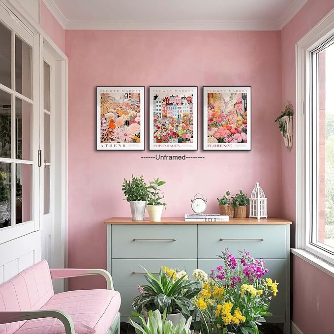 XLARTMY Flower Market Wall Art Prints Canvas Pink Floral Paintings Colorful Botanical Sunflower Artwork Travel Posters for Home Decor Pictures Set of 3 for Living Room Bedroom 12x16in Unframed