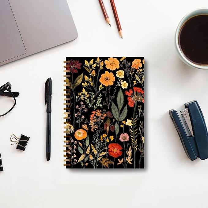 Vintage Boho Floral Botanical Notebook Journal, Watercolor Wildflower Dark Floral Notebooks for Women, Plant Journal, Aesthetic Notebooks, Spiral Notebook Journal 5.5x8.3 Inch