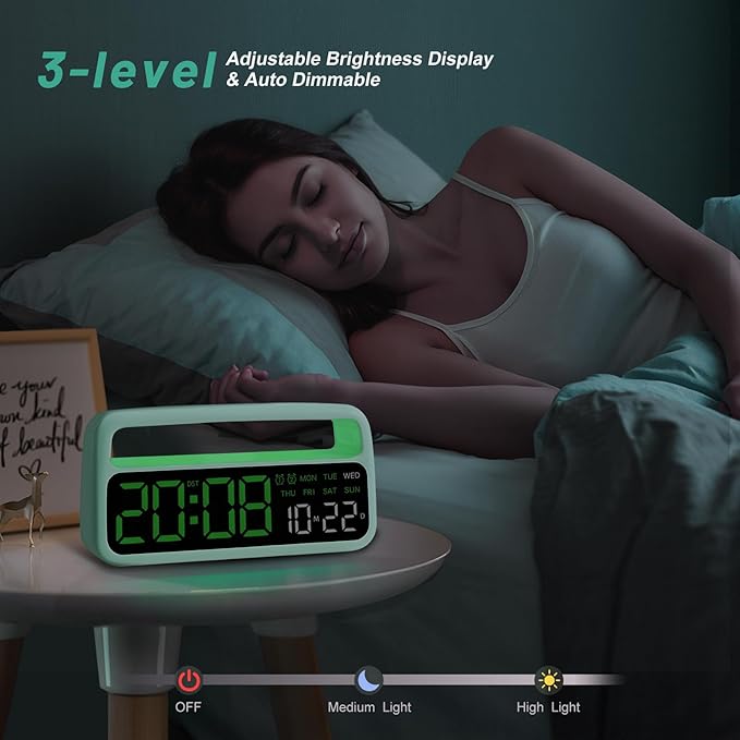 Digital Alarm Clock for Bedroom, Plug-in Digital Bedside Clock with Night Light, Large Display, Dual Alarm, Snooze, Dimmable for Adults Kids Teens, Green