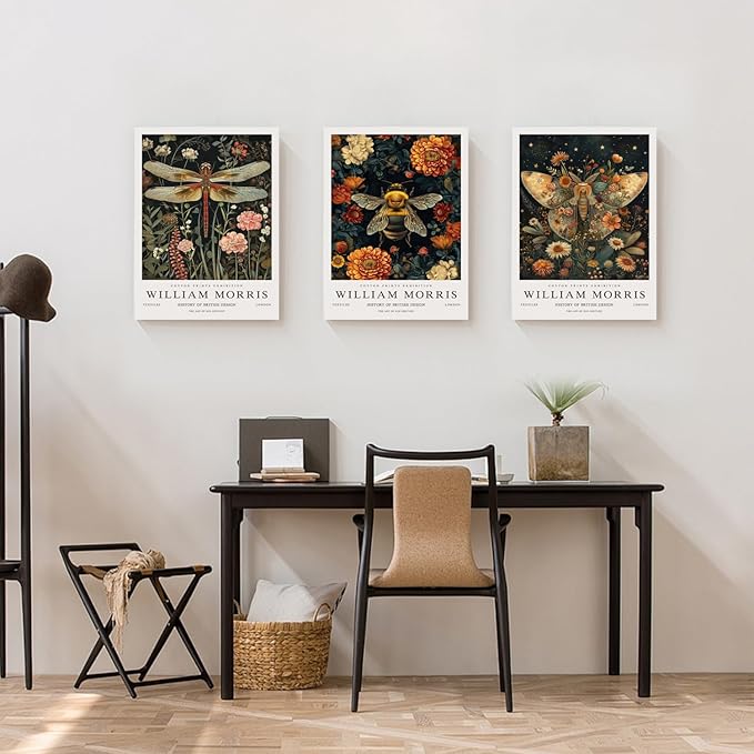 Hianan William Morris Animal Botanical Inspired Canvas Wall Art, Vintage Dragonfly Bee Butterfly Poster Prints, Maximalist Nature Flower Aesthetic Pictures for Living Room Bedroom Framed 12"x16"x3