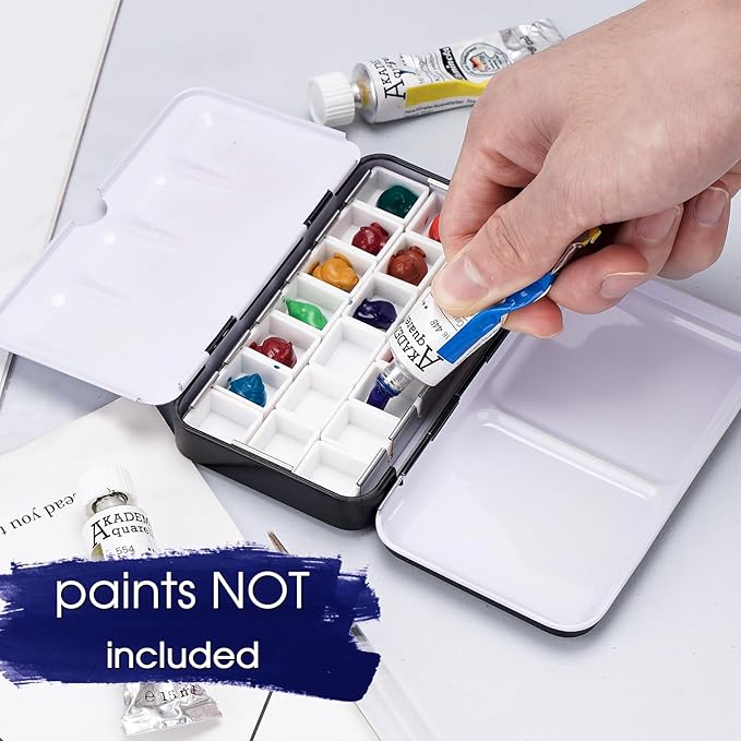 PEVART Empty Watercolor Paint Palette case,Metal Water Color Tin Box Palette with 50 Half Pans and Fold-Out Mixing Painting Tray-Portable Travel Watercolor Palette, Plain Air Painting