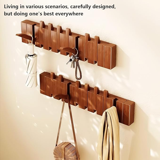 Wall Mounted Coat RackHooks Piano Key Hangers Natural Solid Wood Hanger Non-Woven Fabric Clothes Hangers for Closet, Kitchen, Bedroom, Bathroom, Entryway (Walnut, 10 Hooks)
