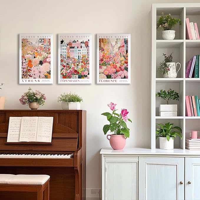 XLARTMY Flower Market Wall Art Print Canvas Framed Pink Floral Paintings Colorful Botanical Sunflower Artwork Travel Poster for Decor Picture 3 pieces for Living Room Bedroom Bathroom 16x24in