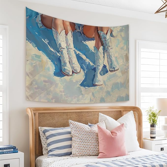 STHTTSW Coastal Cowgirl Tapestry, Blue Dorm Trendy Beachy Tapestries Wall Blanket, Preppy Girly Wall Hanging Decor for Teen Girl Women College Dorm Apartment Bedroom, 50x60 Inch