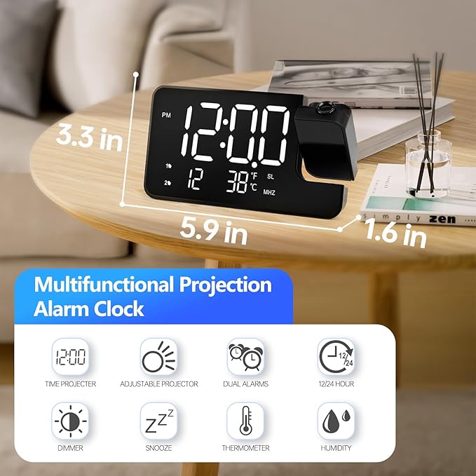 Projection Alarm Clock for Bedroom-Alarm Clock Radio with 180° Rotatable Projector LED Display, Dual Alarm,Dimmer for Kids Elderly,Heavy Sleepers,Snooze,12/24H,DST
