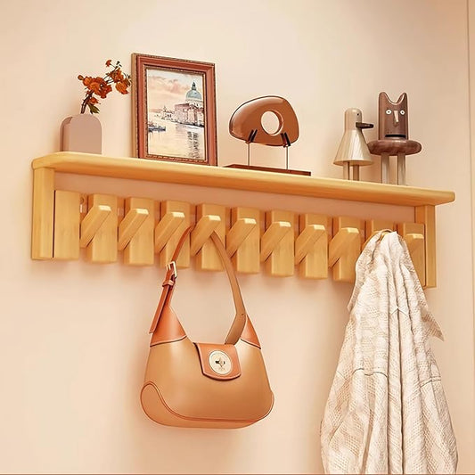 Wall Mounted Piano Key Hanger | Flip Style Hook | Entrance Wall Art Hook, Made of Oak Wood (3 Times Painted, 4 Times Polished) (Tray Beech, 10Hooks)
