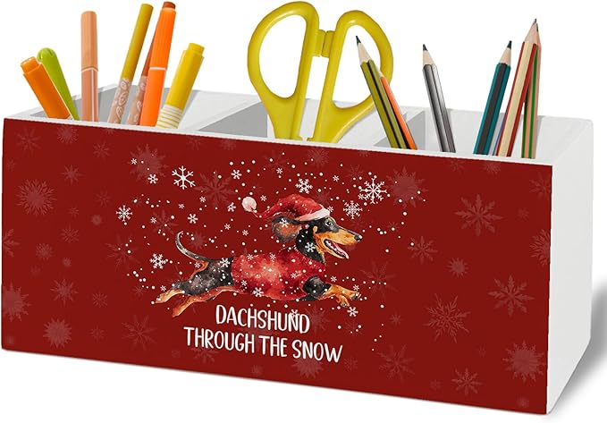 Dachshund Christmas Pen Pencil Holder Organizer for Desk Accessories, Weiner Dog Christmas Wooden Box Sign Desk Decor for Home Office Decoration, Dachshund Gifts for Women Men, Doxie Gifts