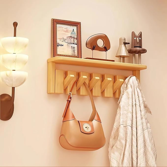 Wall Mounted Coat RackHooks Piano Key Hangers Natural Solid Wood Hanger Non-Woven Fabric Clothes Hangers for Closet, Kitchen, Bedroom, Bathroom, Entryway (Tray-Beech, 6 Hooks)