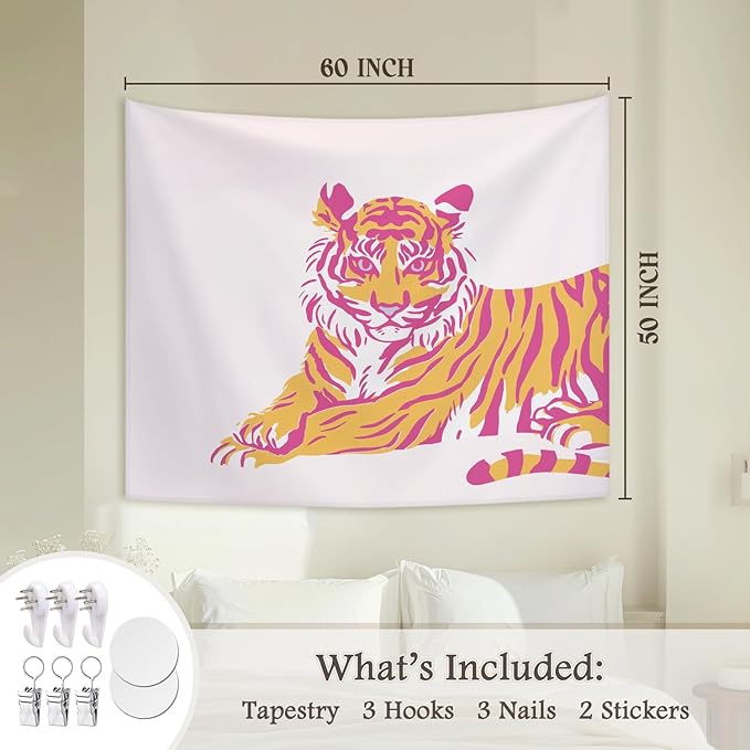 STHTTSW Pink Tiger Dorm Tapestry Aesthetic, Trendy Funky Preppy Tiger Tapestries, Pink and Orange Room Decor, Cute Girly Wall Hanging Decor for Teen Girl Women College Bedroom, 50x60 Inch